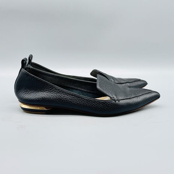 Nicholas Kirkwood Shoes Womens 5.5 Black Leather Loafer Beya Pointed Toe Gold - Picture 1 of 13